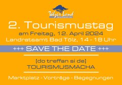 Motiv gelbe Postkarte mit Hinweis auf 2. Tourismustag am 12. April 2024 (Quelle: Tölzer Land Tourismus)
